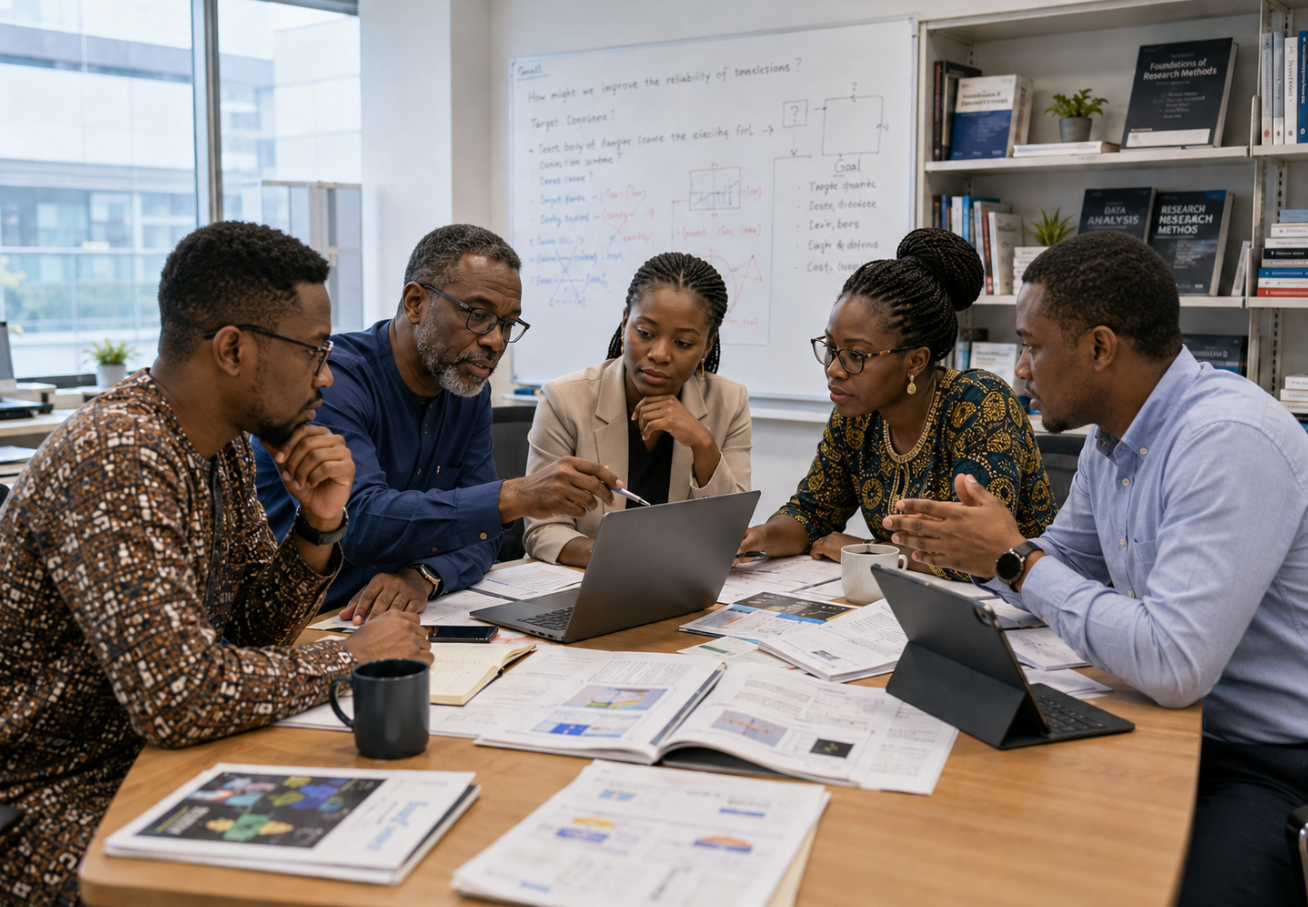 Illustrative image of a multidisciplinary group reviewing research materials